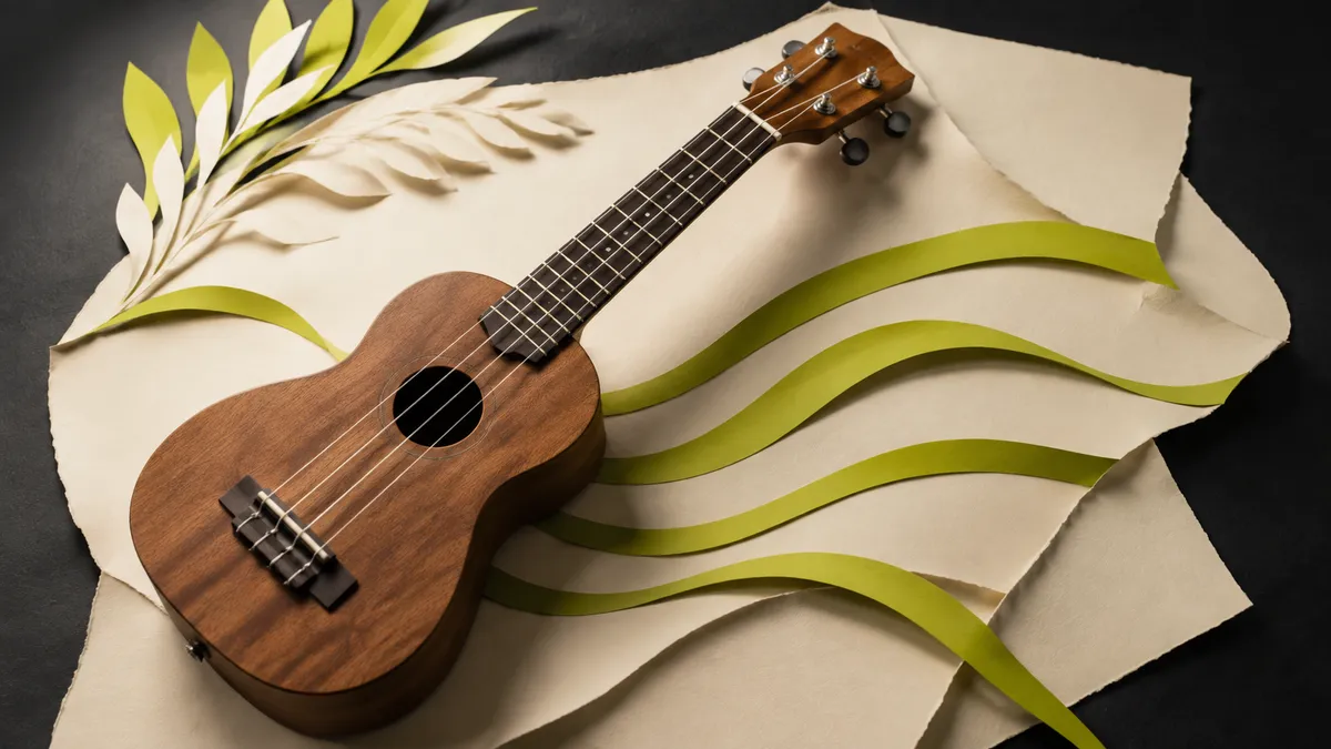 Four-string ukulele beside paper and lime ribbons
