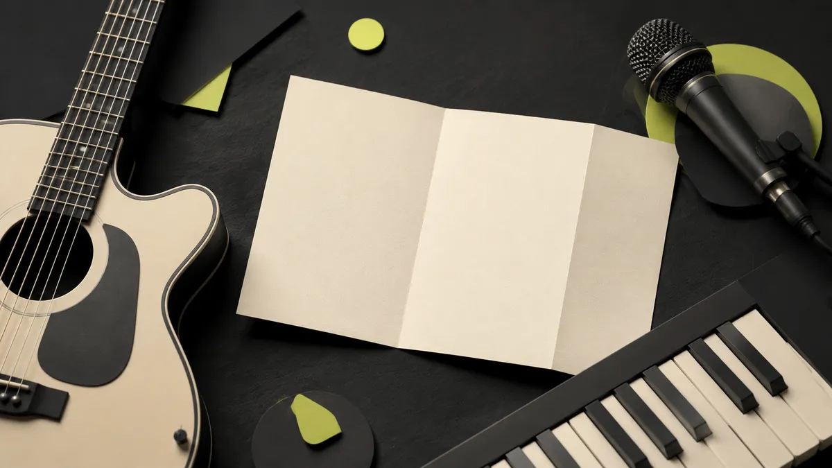 Guitar, keyboard and microphone beside a blank band chart