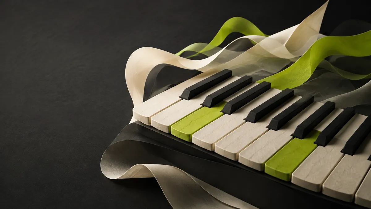 Piano keys with flowing lime musical ribbons