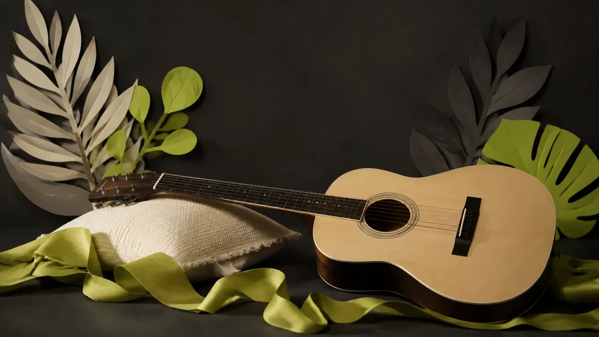 An acoustic guitar resting beside a cushion and a loosely curved lime ribbon.