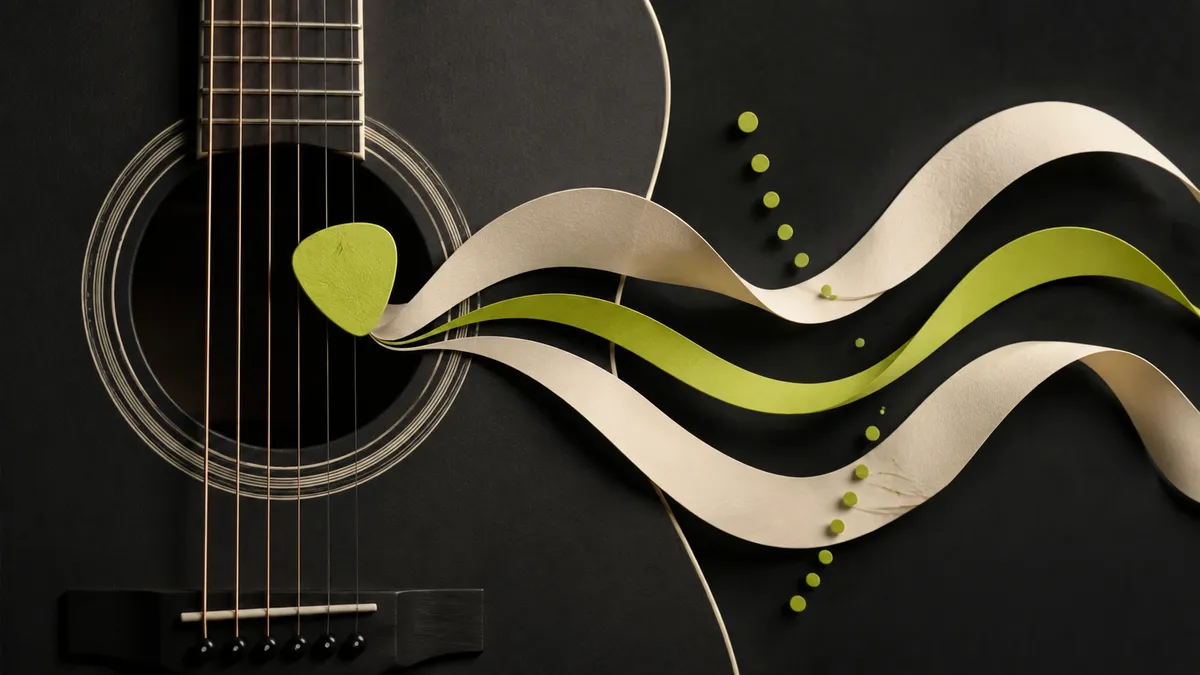 An acoustic guitar soundhole and pick surrounded by flowing ivory and lime rhythmic ribbons.