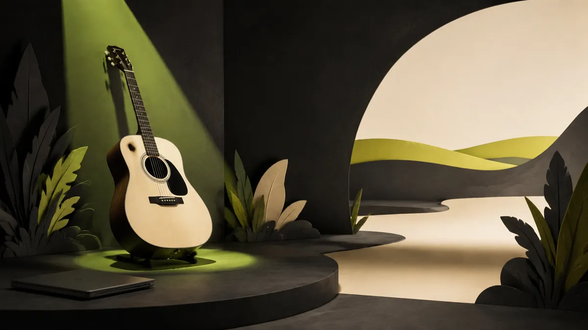 Acoustic guitar on a stage beside a closed laptop