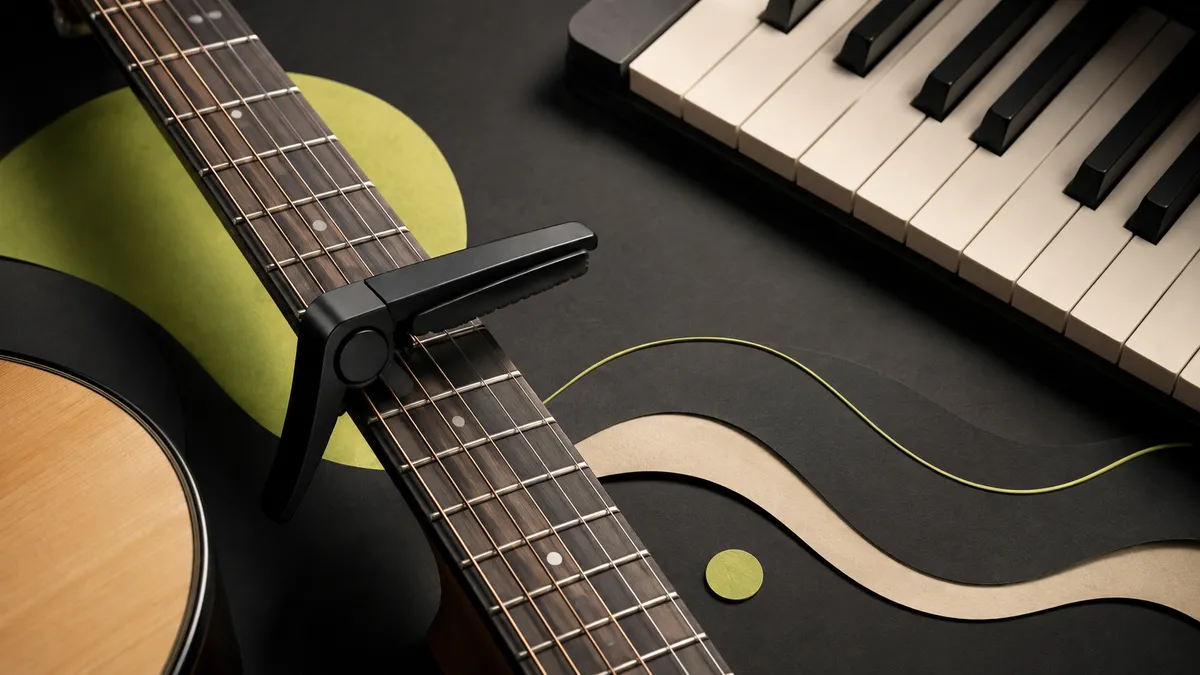 Guitar capo with piano keys in the background