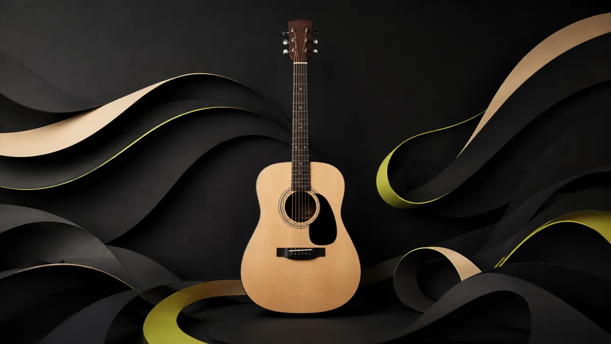 Acoustic guitar surrounded by simplified arrangement ribbons