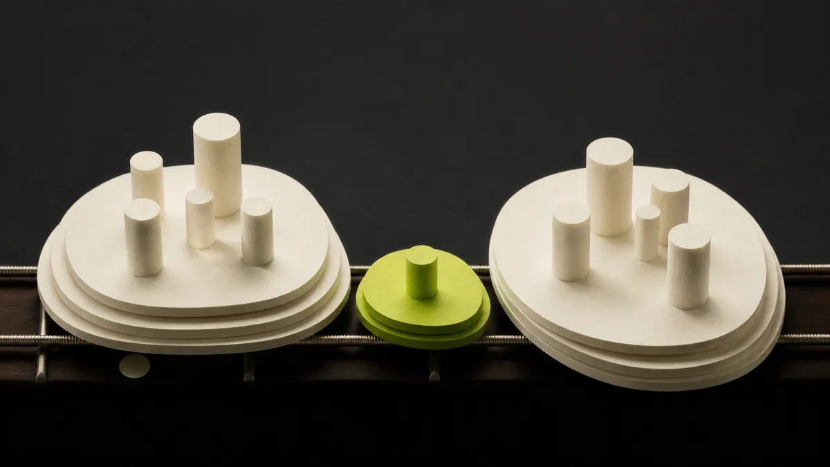 A small lime stepping stone between two larger ivory platforms above bass strings.