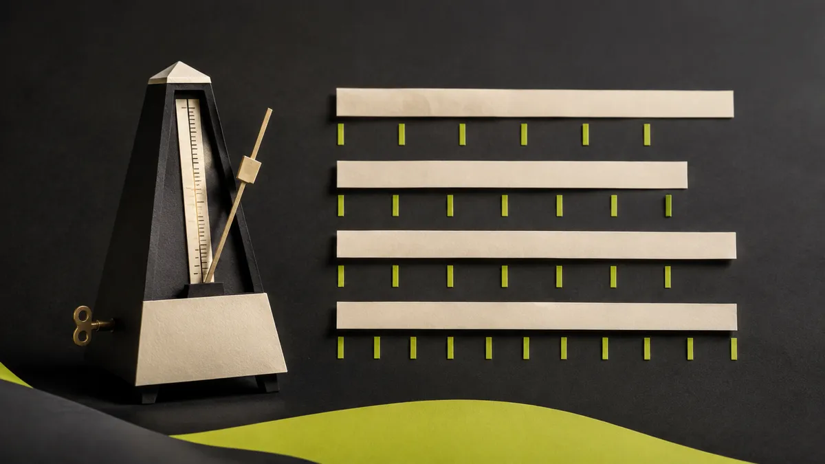 A metronome beside long ivory bars and lime beat markers illustrating chord durations.