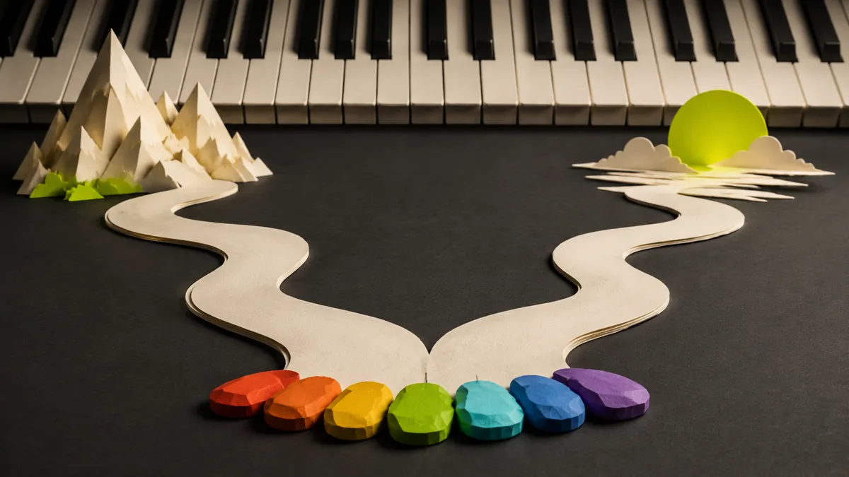 Two paths branch from piano keys toward separate destinations, suggesting related tonal centers.