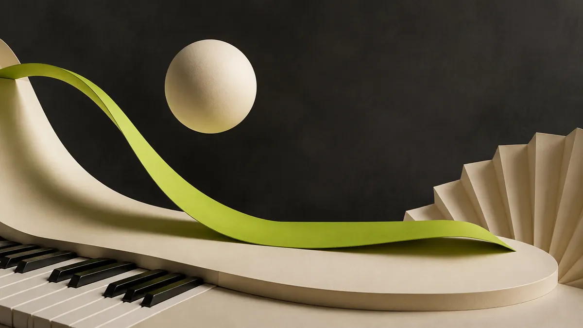A floating ivory sphere and a settling lime ribbon beside piano keys, suggesting suspension and release.