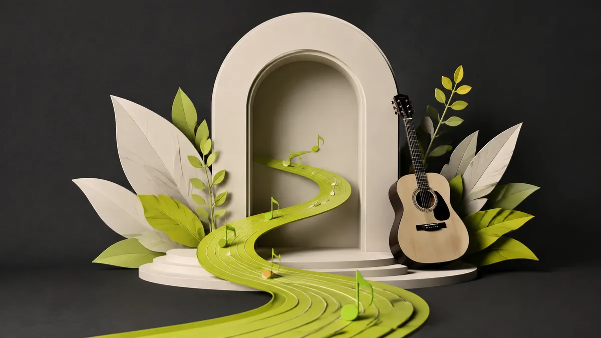 An acoustic guitar beside an ivory arch and a lime path returning to a musical home.