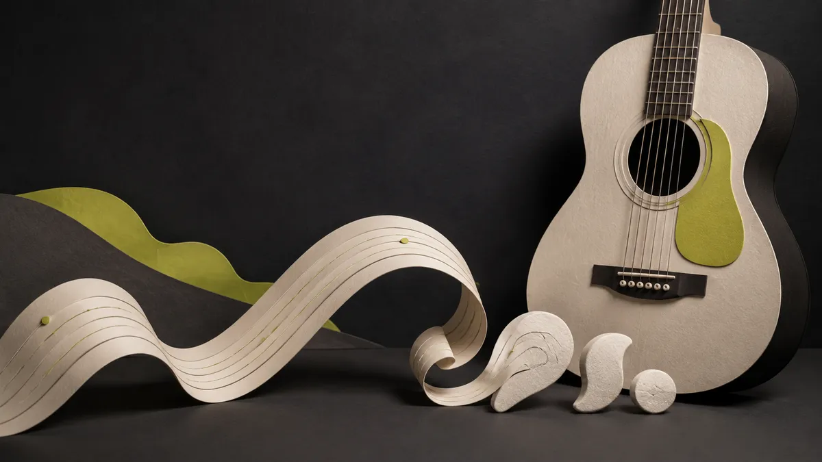 An acoustic guitar beside a flowing sound ribbon and sculptural phrase-ending markers.