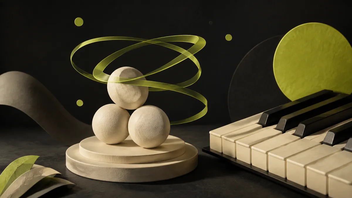 Three ivory spheres surrounded by floating lime rings beside the corner of a piano.