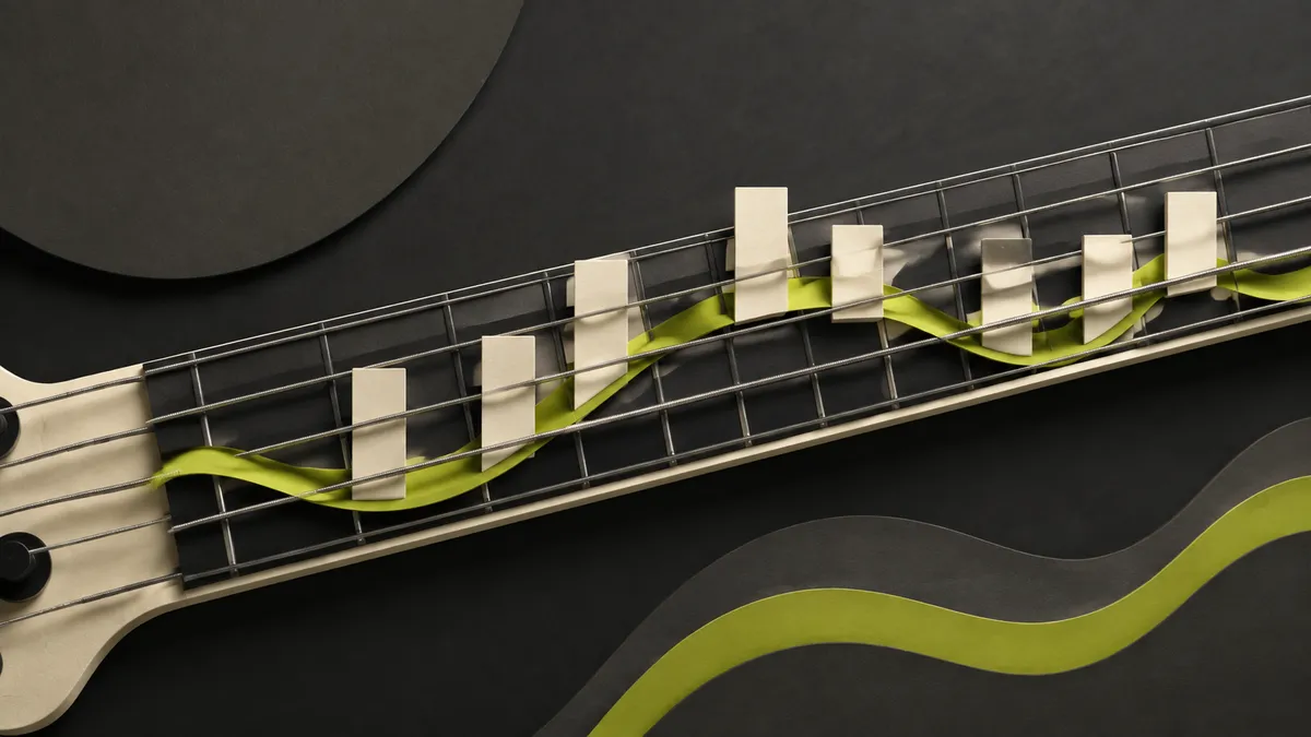 A bass neck with stepping blocks linked by a curved lime ribbon suggesting root motion.