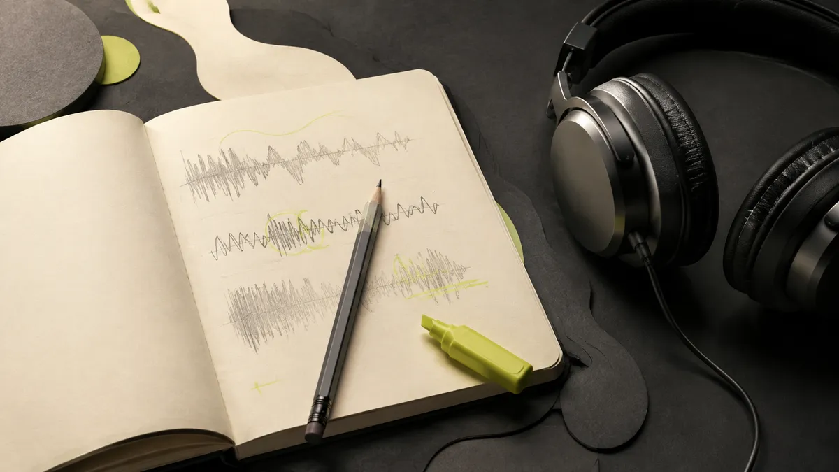 Notebook with waveform sketches, pencil and headphones