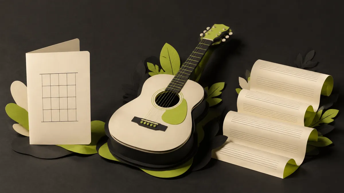 A guitar between a blank chord-grid card and a blank staff-paper scroll.