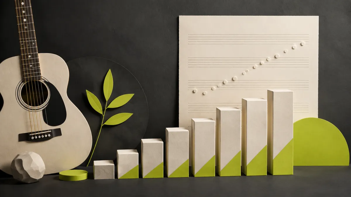 An acoustic guitar, blank staff paper and a sequence of ascending ivory blocks.